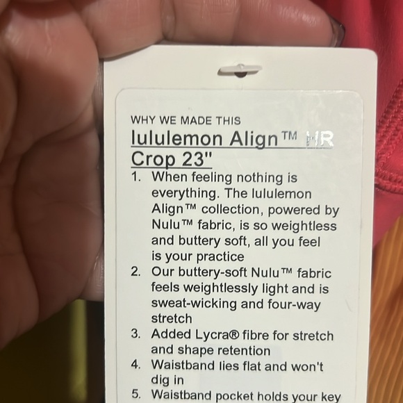 LULULEMON ALIGN HIGH RISE 23”CROP LEGGINGS GLAZE PINK COLOR SIZE 8 NWT - Picture 6 of 7